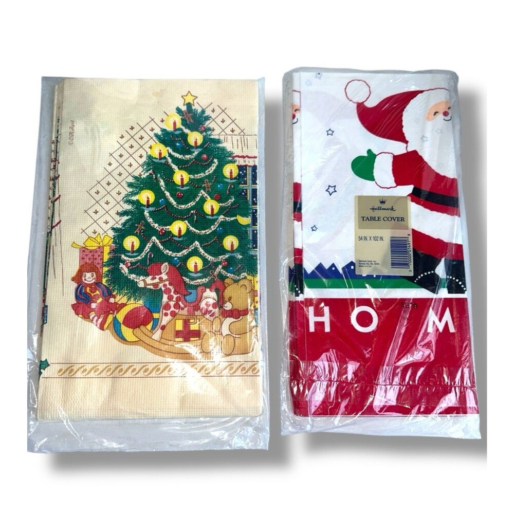 Lot 2 Vintage Christmas Tablecloths Hallmark Santa 54x102 CA Reed Tree 52x96